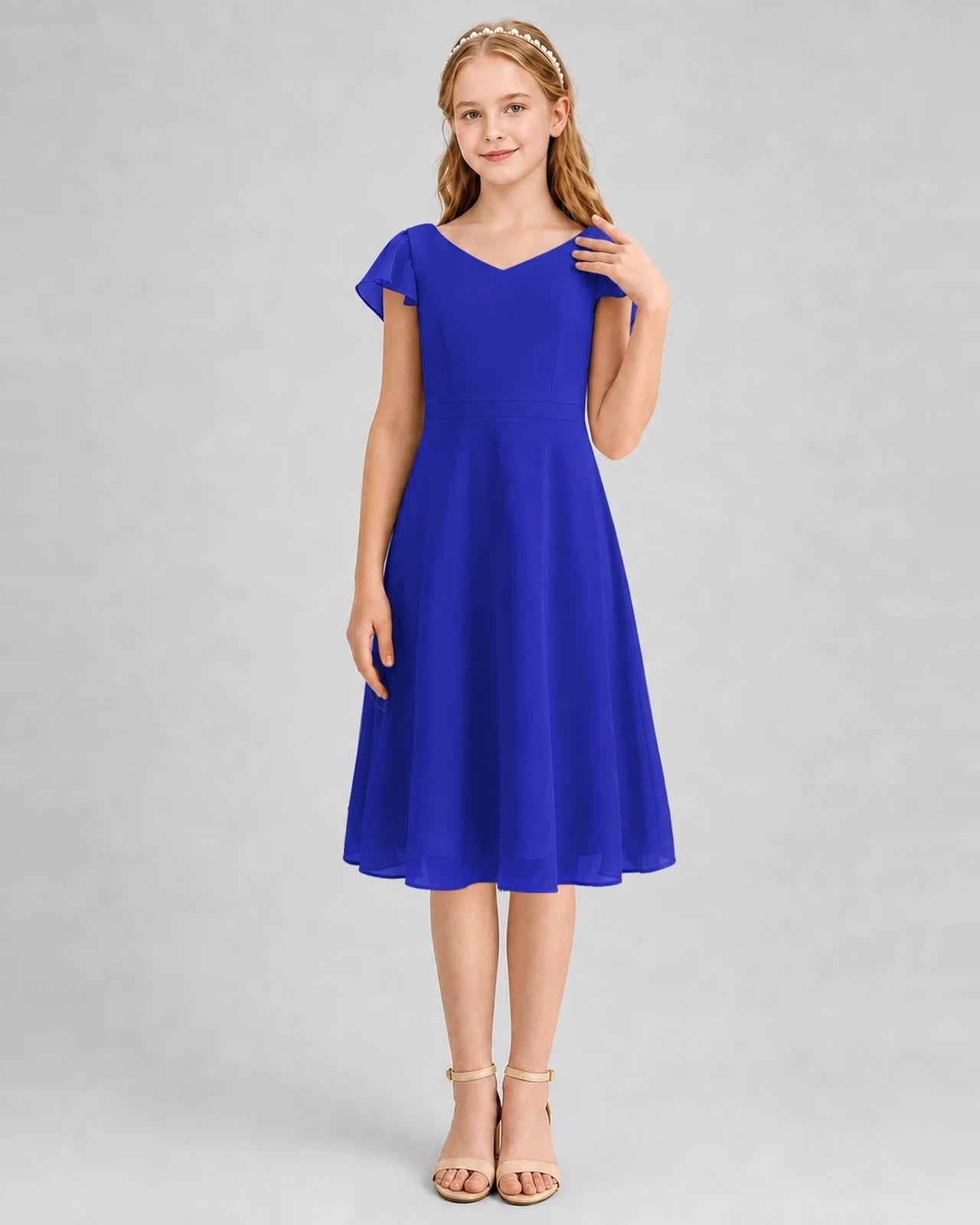 Royal Blue Chiffon V-Neck A-Line Junior Bridesmaid Dresses Front View