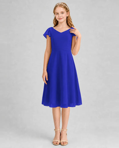 Royal Blue Chiffon V-Neck A-Line Junior Bridesmaid Dresses Front View