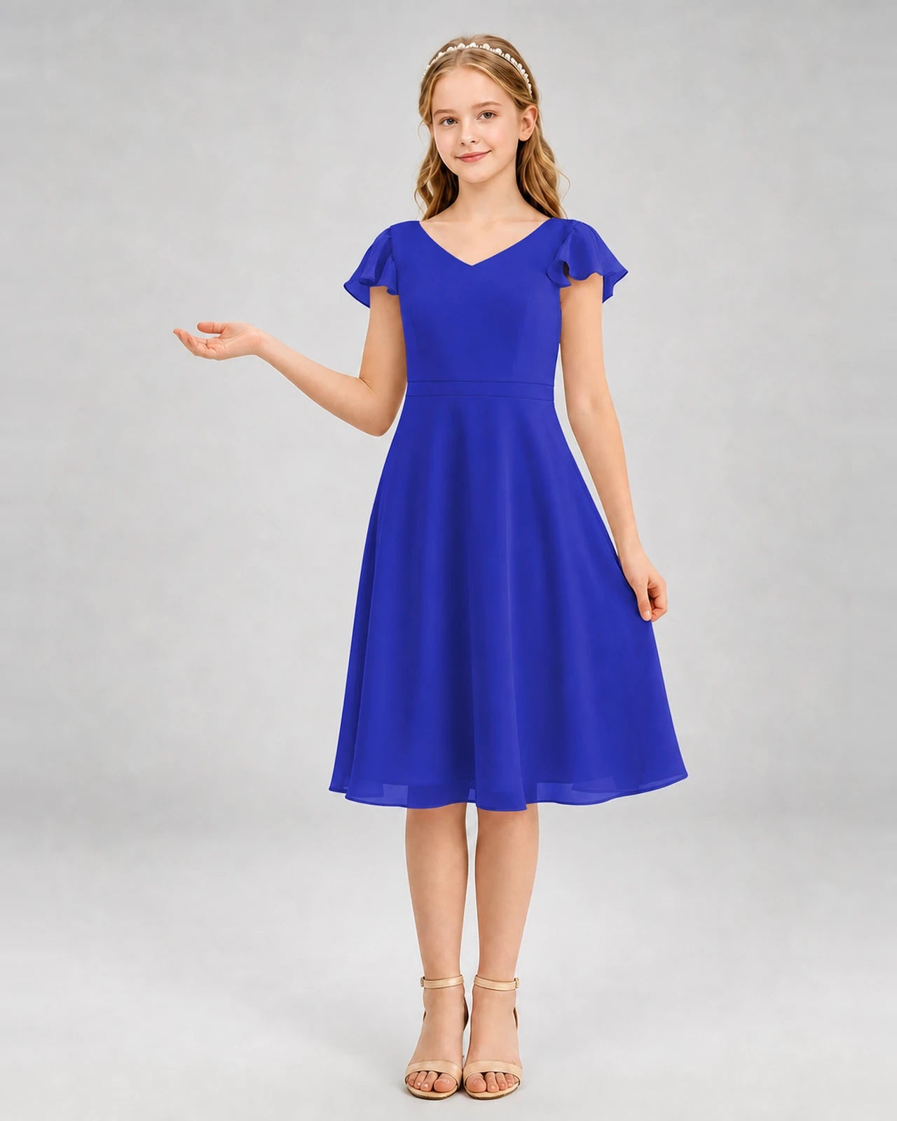 Royal Blue Chiffon V-Neck A-Line Junior Bridesmaid Dresses