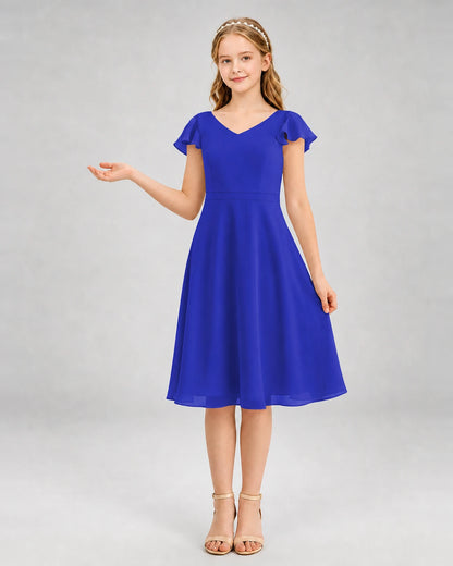 Royal Blue Chiffon V-Neck A-Line Junior Bridesmaid Dresses