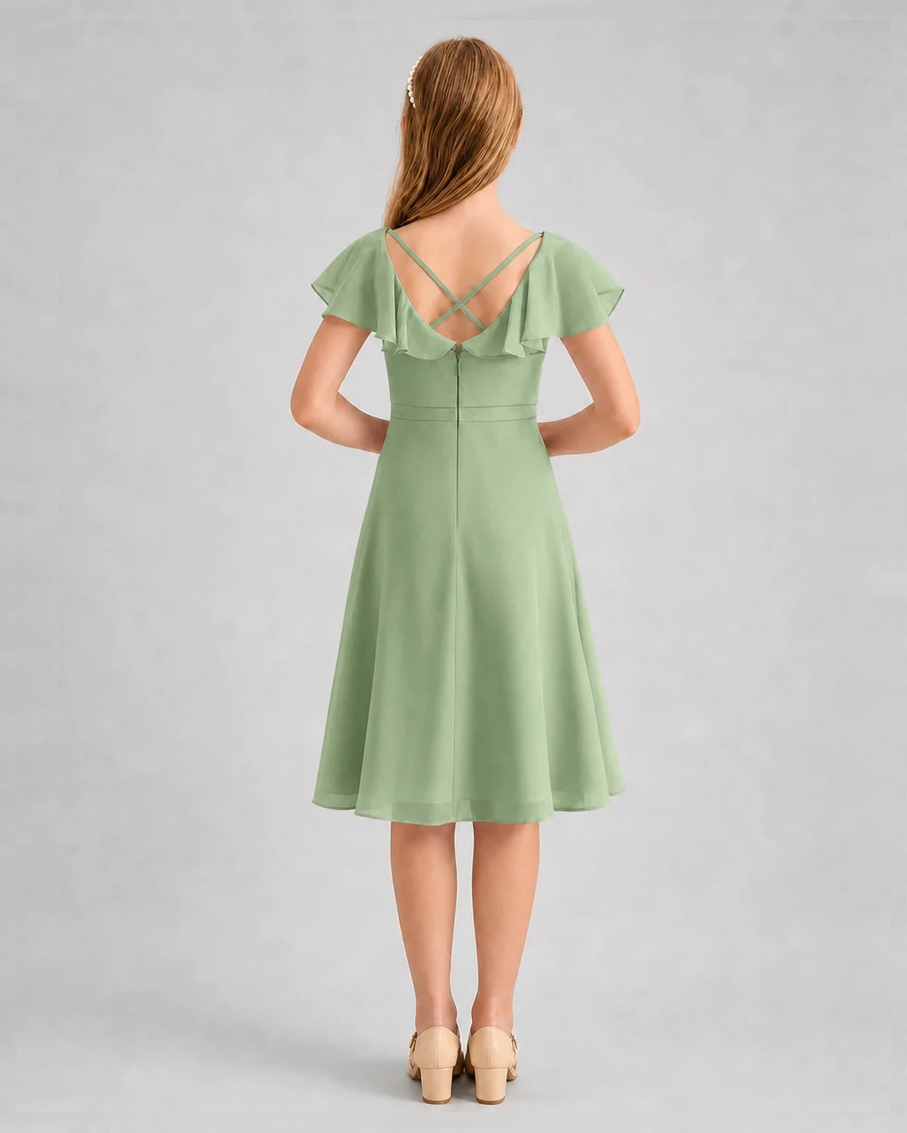 Sage green chiffon flutter sleeve junior bridesmaid dress, Back View