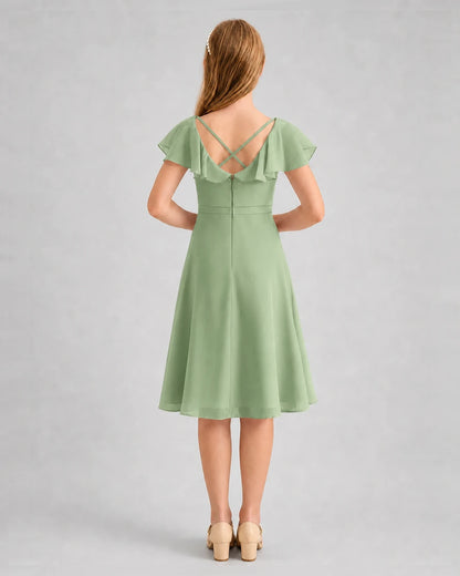 Sage green chiffon flutter sleeve junior bridesmaid dress, Back View