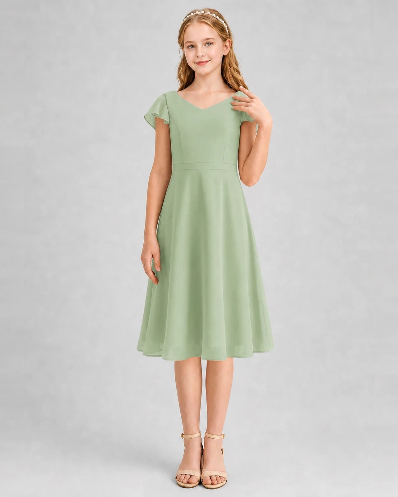 Sage Green Chiffon V-Neck A-Line Junior Bridesmaid Dresses Front View