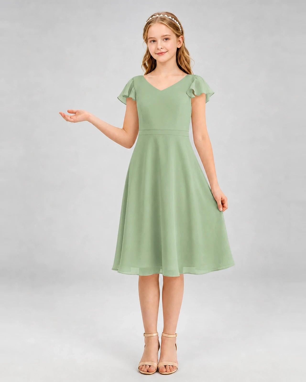 Sage Green Chiffon V-Neck A-Line Junior Bridesmaid Dresses