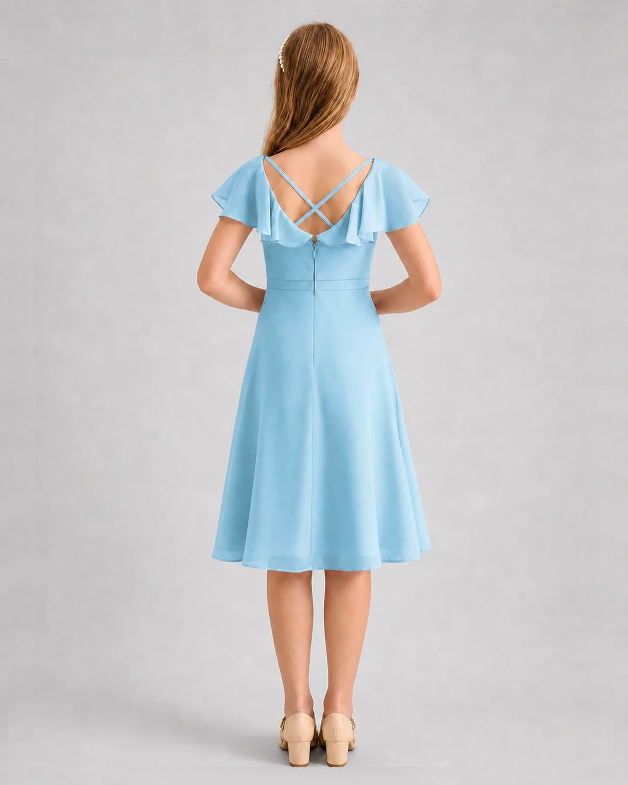 Sky Blue Chiffon Ruffle-Sleeve A-Line Junior Bridesmaid Dresses Back View