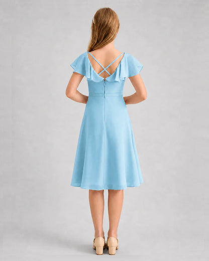 Sky Blue Chiffon Ruffle-Sleeve A-Line Junior Bridesmaid Dresses Back View