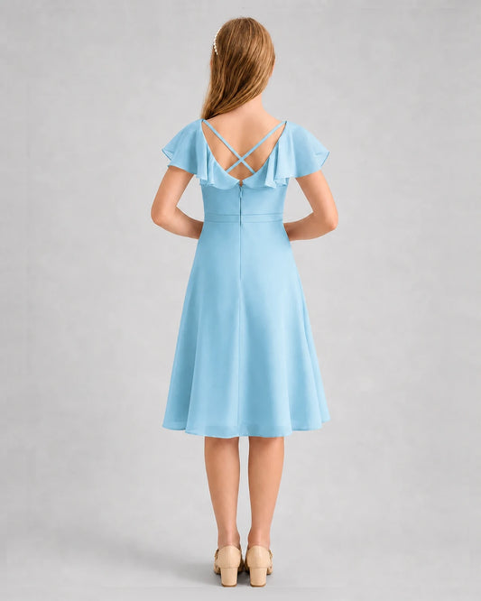 Sky Blue Chiffon Ruffle-Sleeve A-Line Junior Bridesmaid Dresses Back View