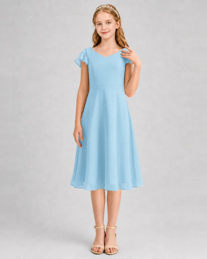 Sky Blue Chiffon V-Neck A-Line Junior Bridesmaid Dresses Front View