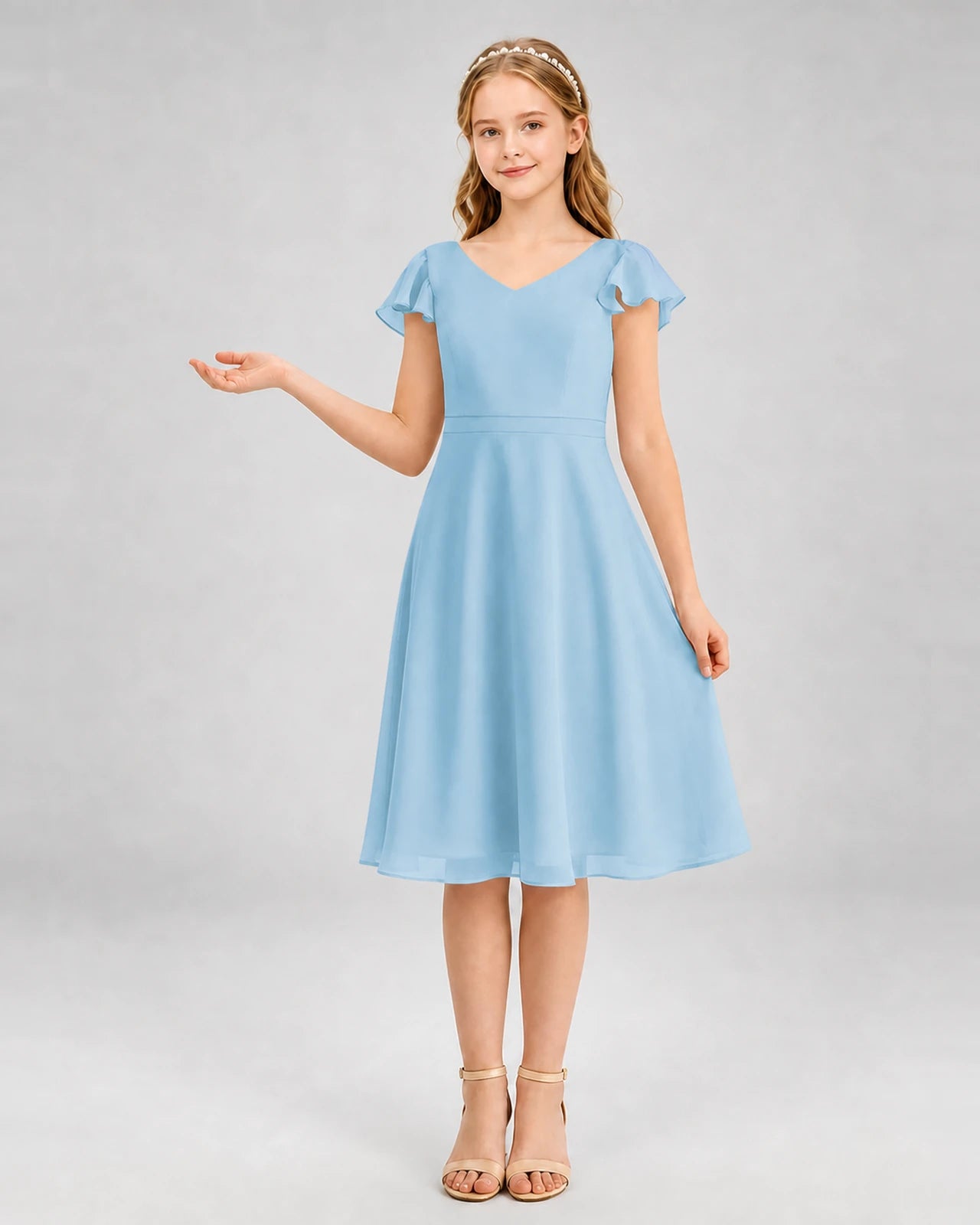 Sky Blue Chiffon V-Neck A-Line Junior Bridesmaid Dresses