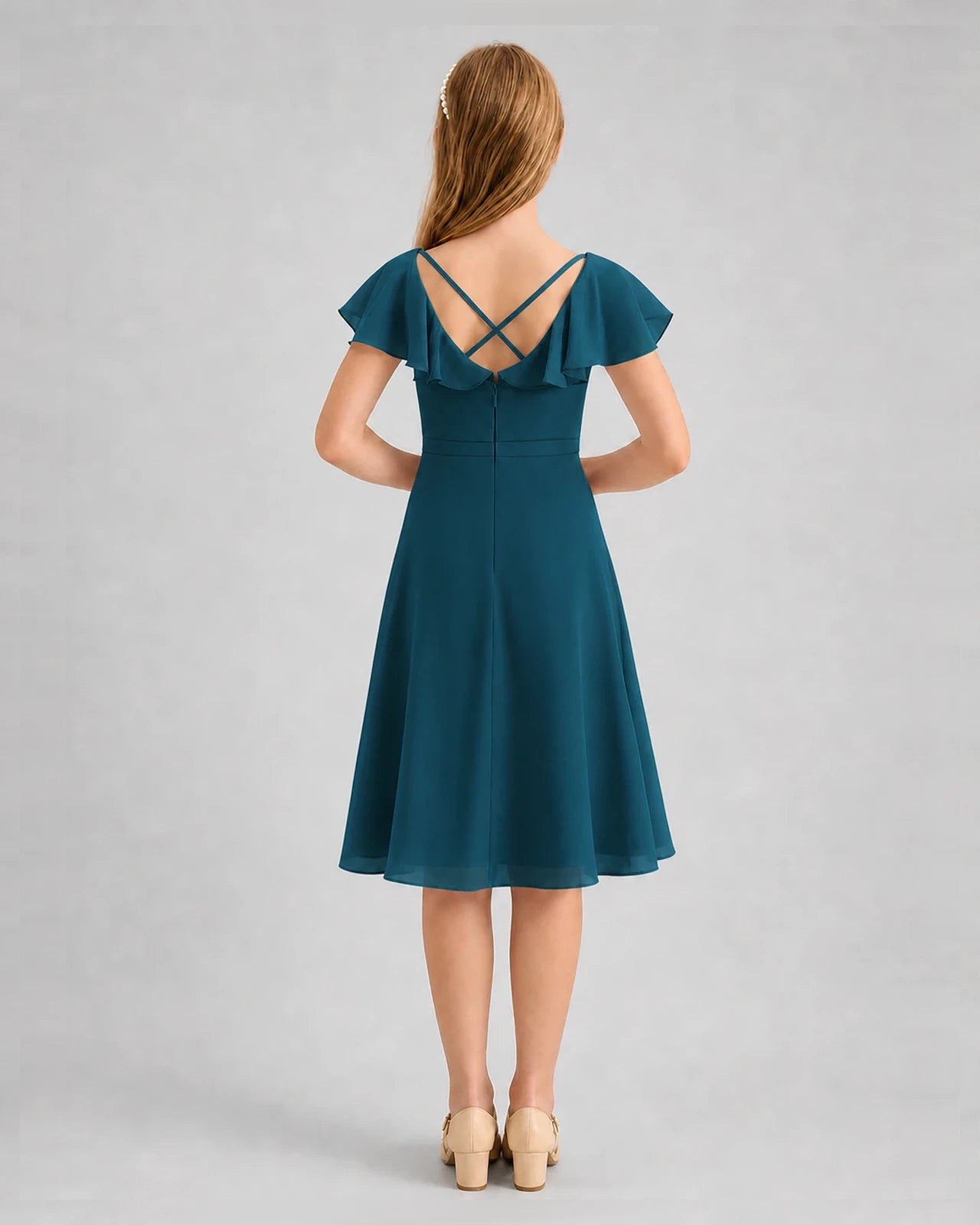 Teal chiffon crisscross back junior bridesmaid dress Back View