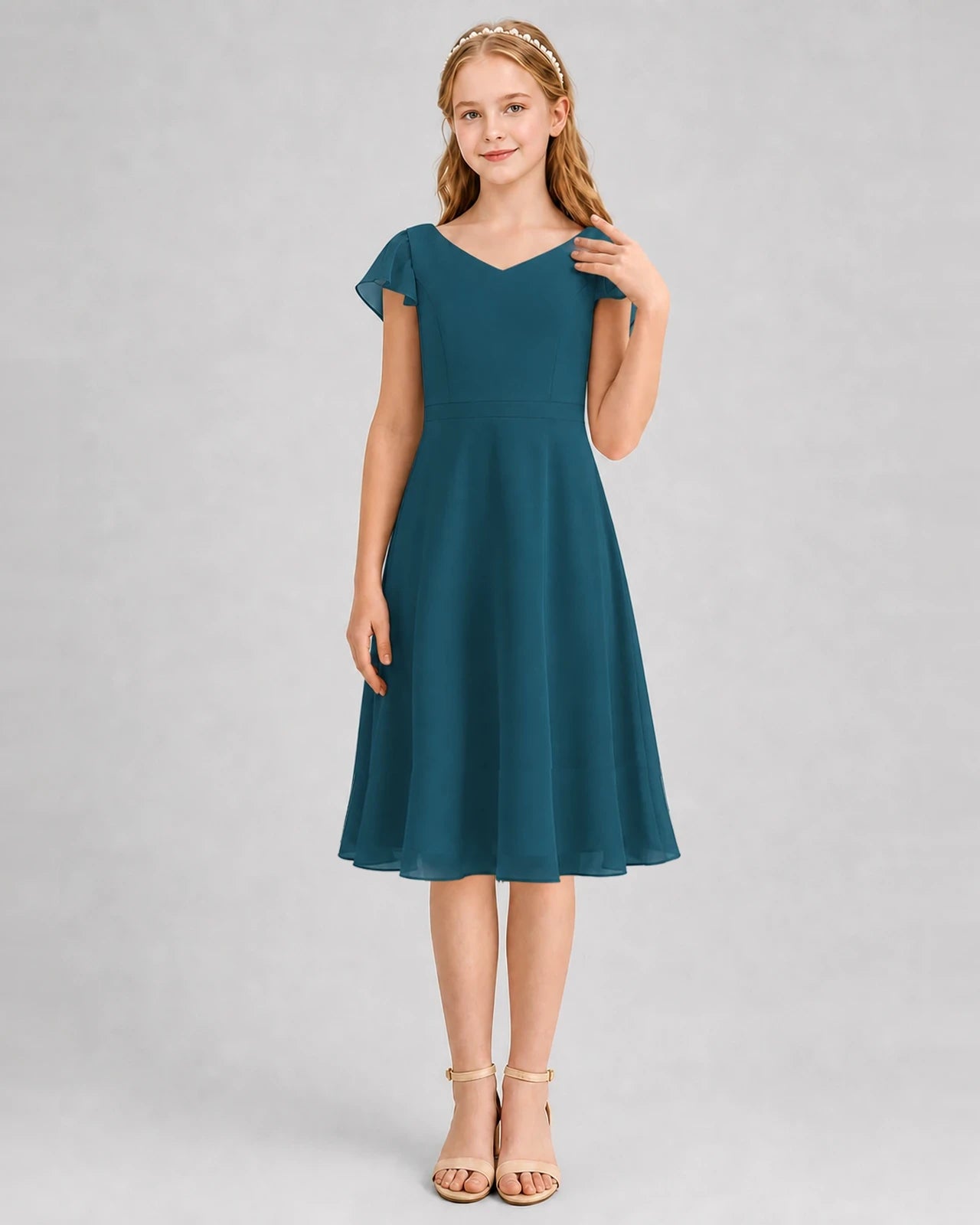 Teal Chiffon A-line Junior Bridesmaid Dresses Front View