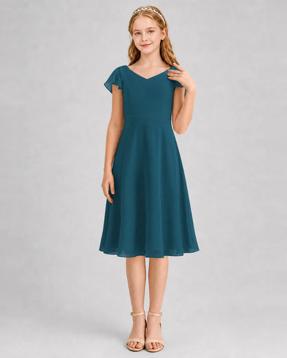 Teal Chiffon A-line Junior Bridesmaid Dresses Front View