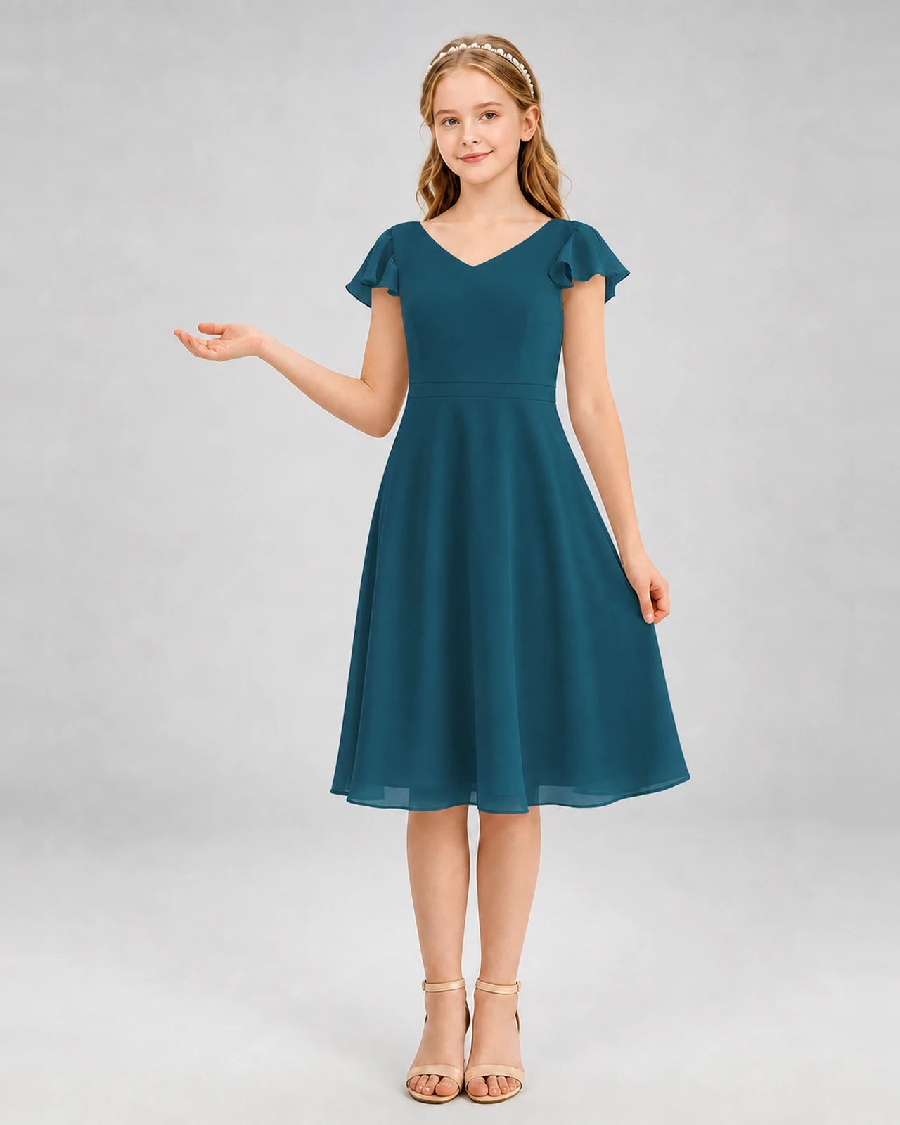 Teal Chiffon V-Neck Junior Bridesmaid Dresses