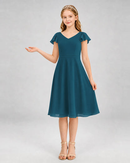 Teal Chiffon V-Neck Junior Bridesmaid Dresses