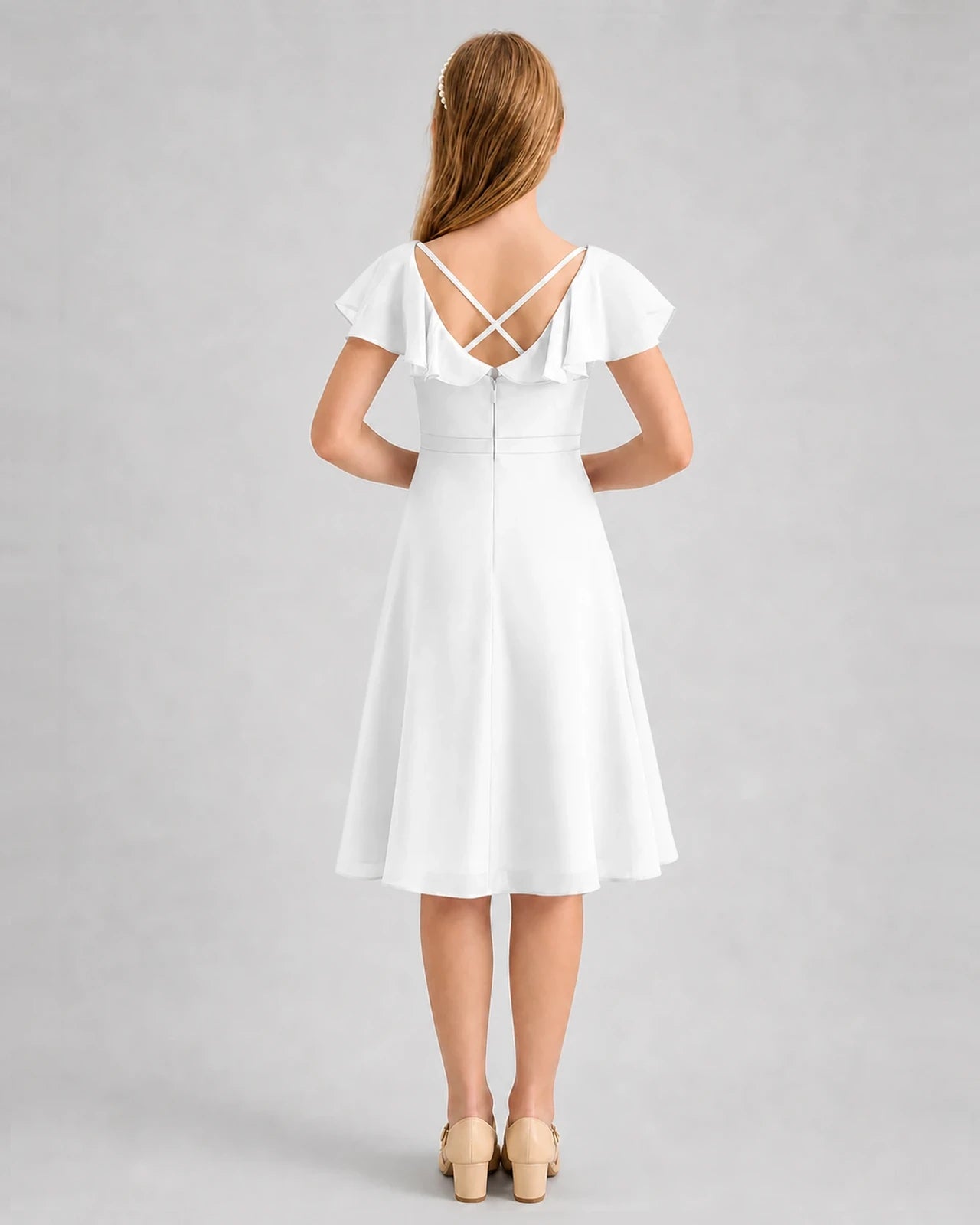 White Chiffon Flutter Sleeve Junior Bridesmaid Dresses Back View