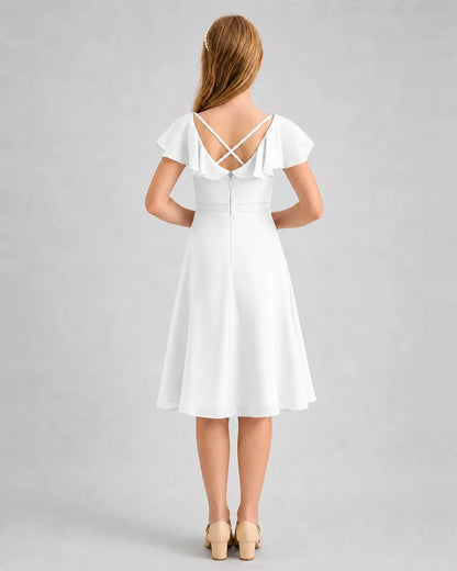 White Chiffon Flutter Sleeve Junior Bridesmaid Dresses Back View