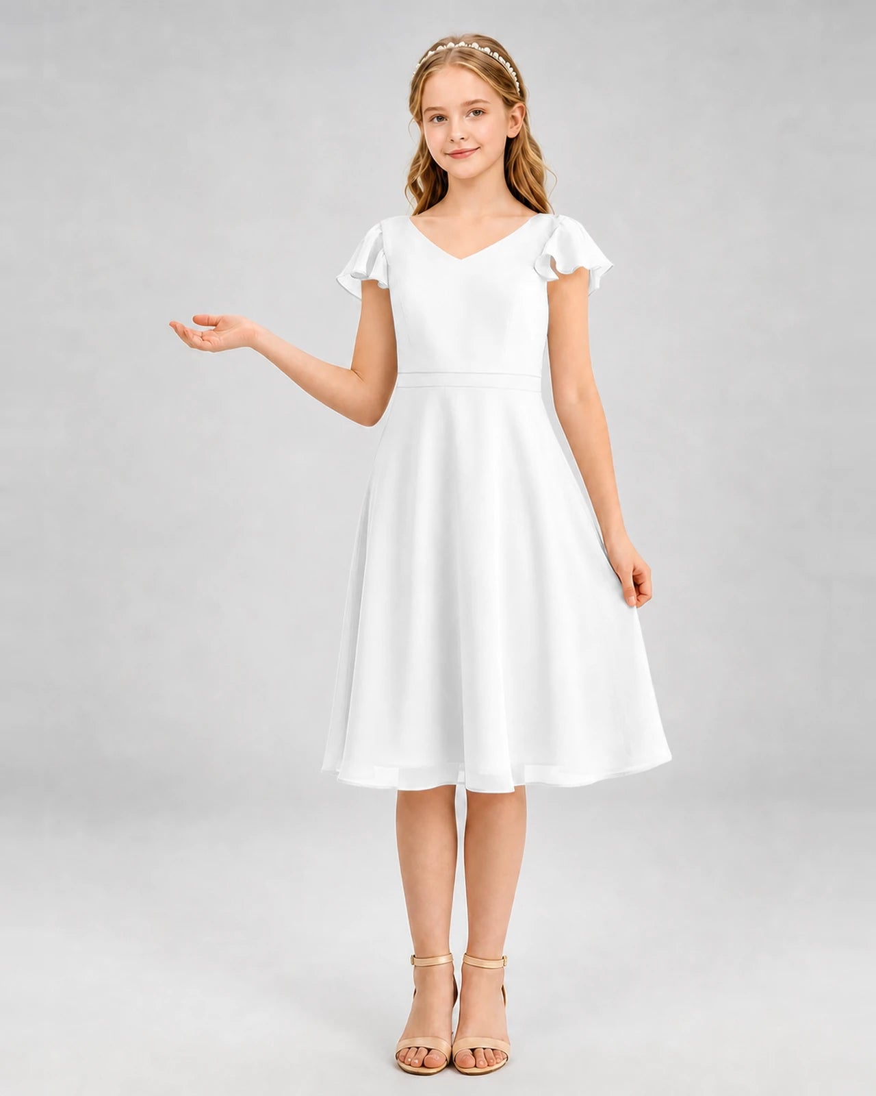 White Chiffon V-Neck Junior Bridesmaid Dresses