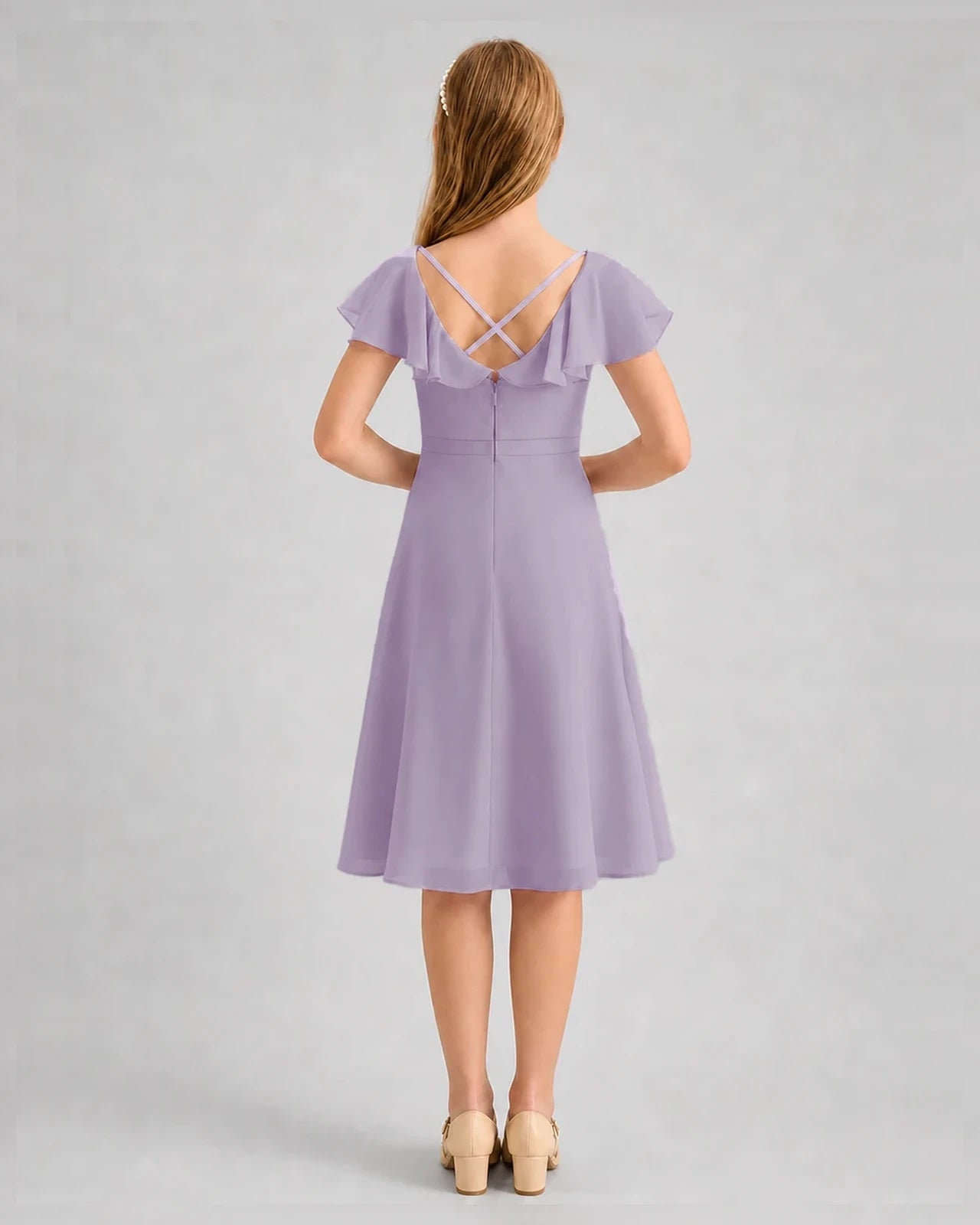 Wisteria Chiffon Flutter Sleeve Junior Bridesmaid Dresses Back View