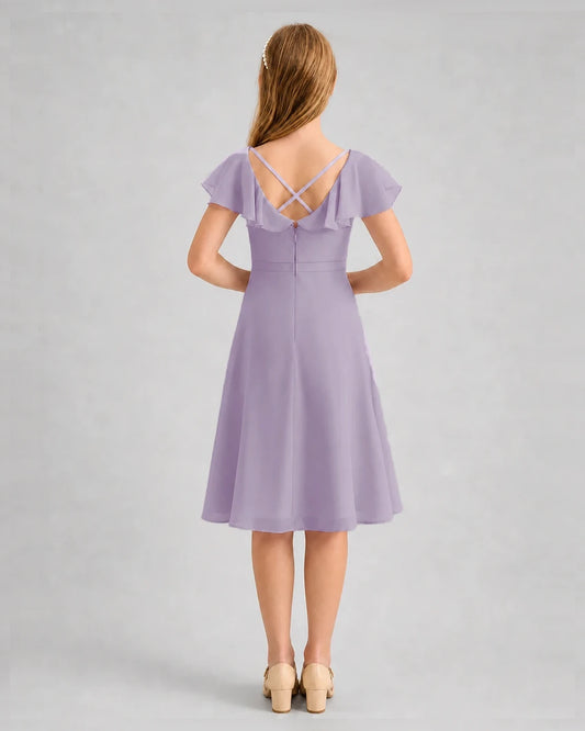 Wisteria Chiffon Flutter Sleeve Junior Bridesmaid Dresses Back View