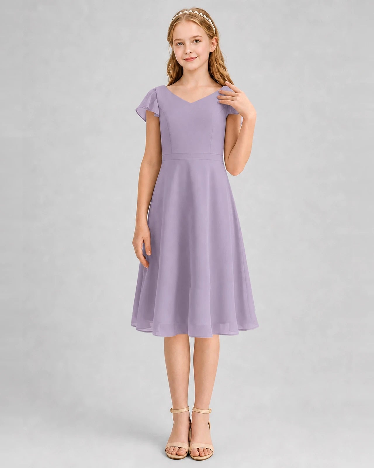 Wisteria Chiffon V-Neck A-Line Junior Bridesmaid Dresses Front View