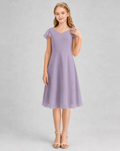Wisteria Chiffon V-Neck A-Line Junior Bridesmaid Dresses Front View