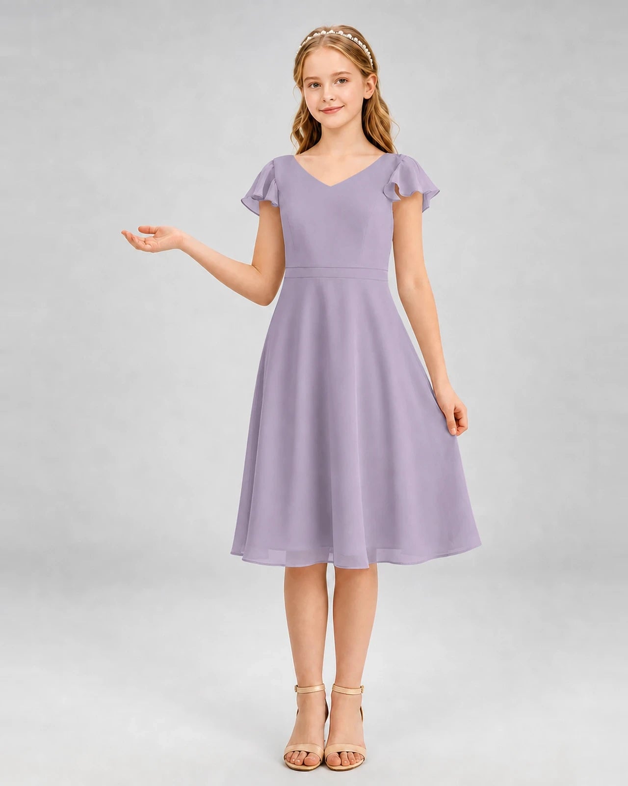 Wisteria chiffon V-neck ruffle sleeve junior bridesmaid dress