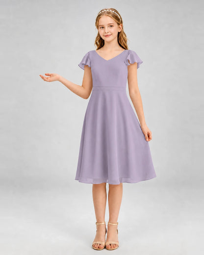Wisteria chiffon V-neck ruffle sleeve junior bridesmaid dress