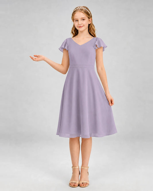 Wisteria chiffon V-neck ruffle sleeve junior bridesmaid dress