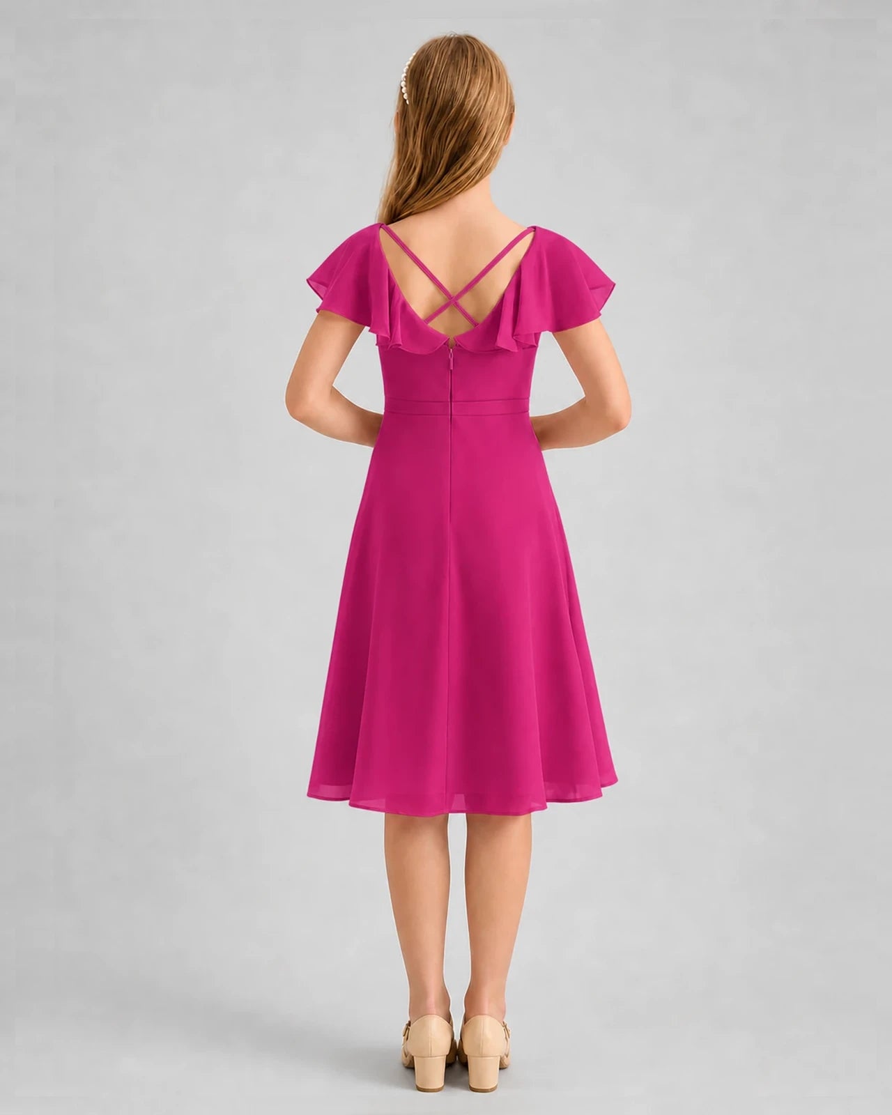 Hot pink chiffon A-line junior bridesmaid dress Back View