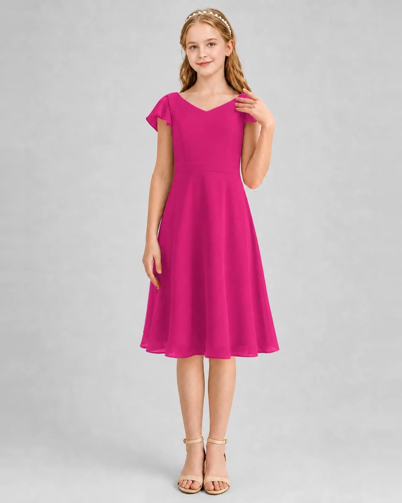 Hot Pink Chiffon A-line Junior Bridesmaid Dresses Front View