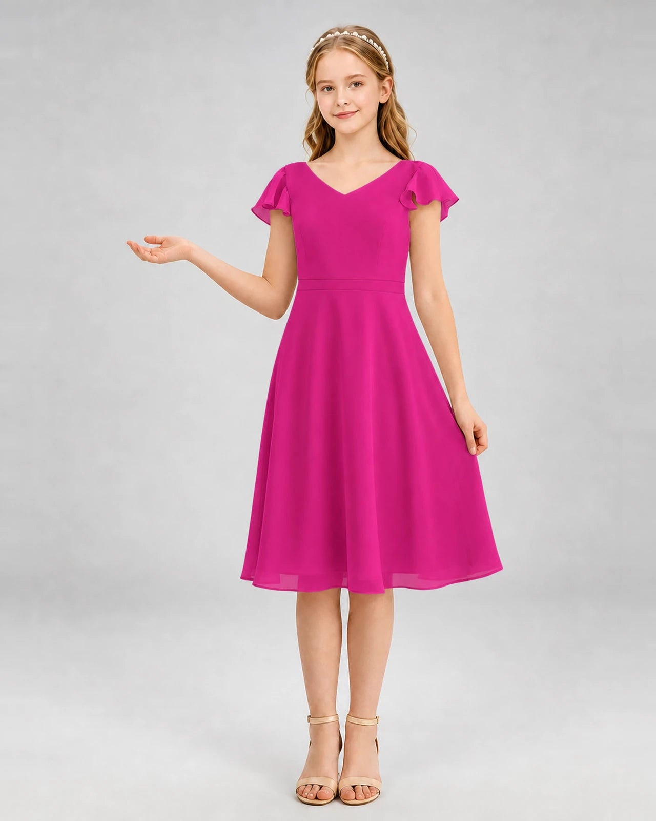 Hot pink chiffon A-line junior bridesmaid dress