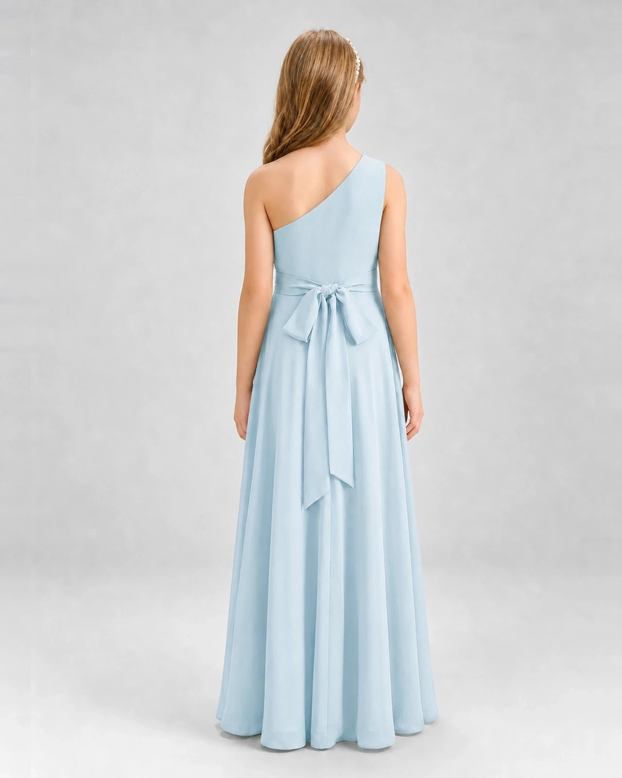 Dideyttawl One Shoulder Pleated Chiffon Junior Bridesmaid Dress with Slit and Back Bow