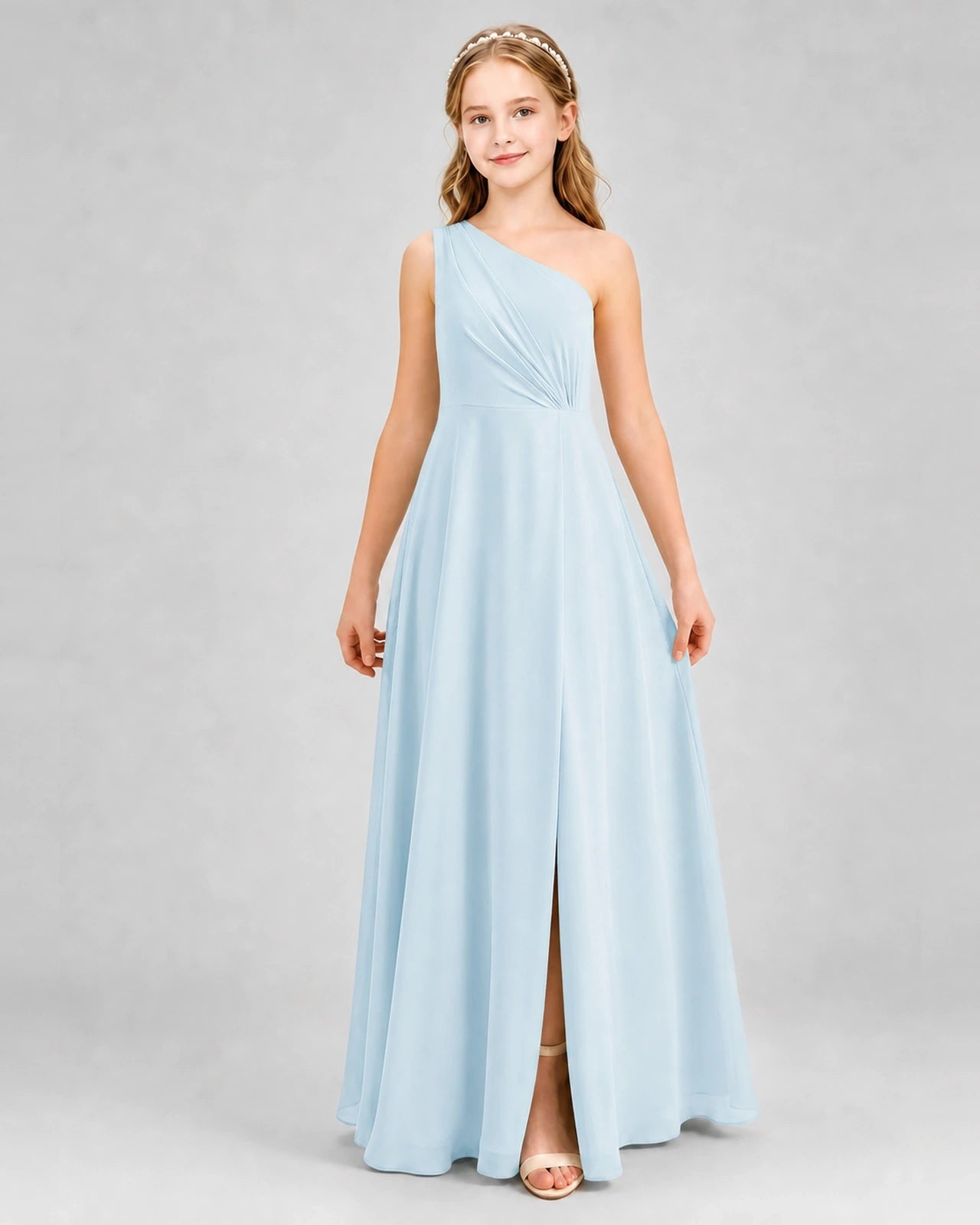 Dideyttawl One Shoulder Pleated Chiffon Junior Bridesmaid Dress with Slit and Back Bow