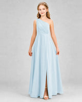 Baby Blue Chiffon One-Shoulder Junior Bridesmaid Dresses Front View