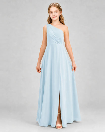 Dideyttawl One Shoulder Pleated Chiffon Junior Bridesmaid Dress with Slit and Back Bow