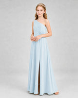 Baby Blue Chiffon One-Shoulder Junior Bridesmaid Dresses Side View