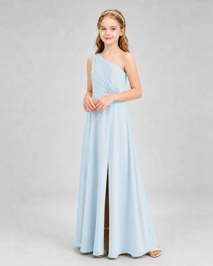 Dideyttawl One Shoulder Pleated Chiffon Junior Bridesmaid Dress with Slit and Back Bow