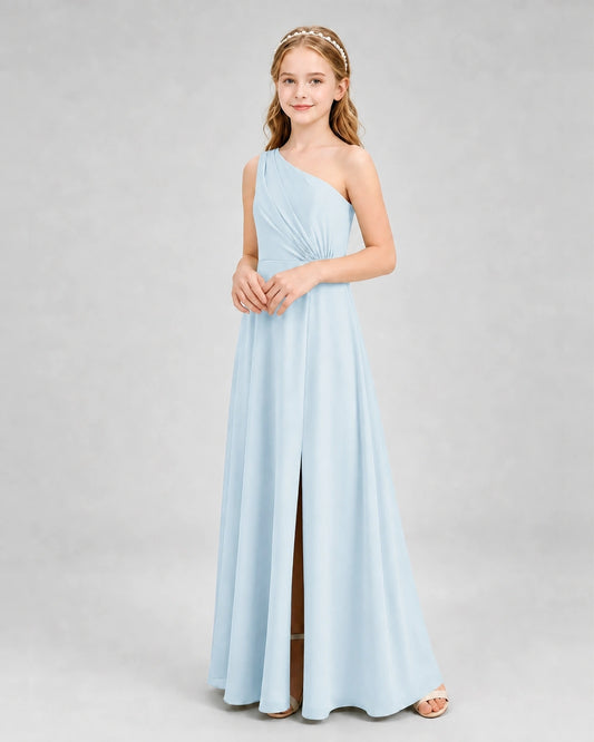 Baby Blue Chiffon One-Shoulder Junior Bridesmaid Dresses Side View
