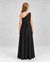 Black chiffon one-shoulder junior bridesmaid dress, back view