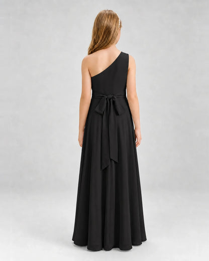 Dideyttawl One Shoulder Pleated Chiffon Junior Bridesmaid Dress with Slit and Back Bow