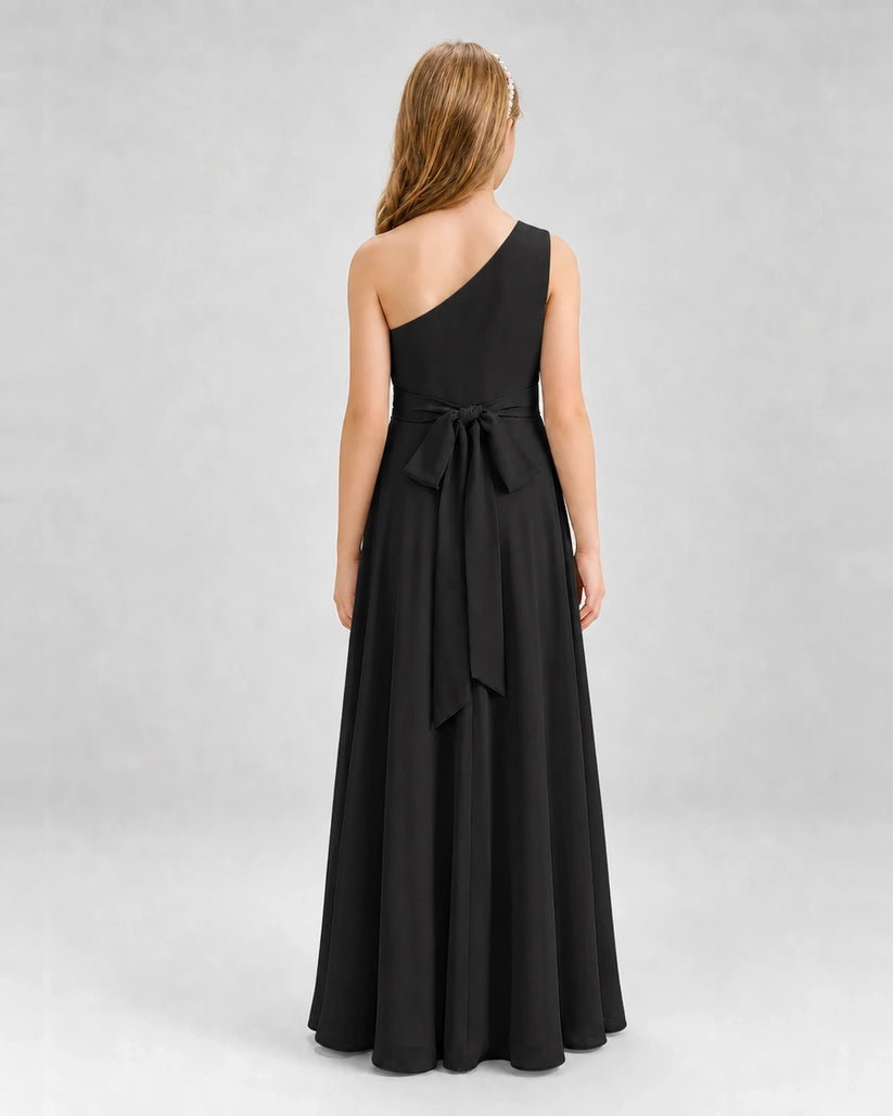 Black chiffon one-shoulder junior bridesmaid dress, back view