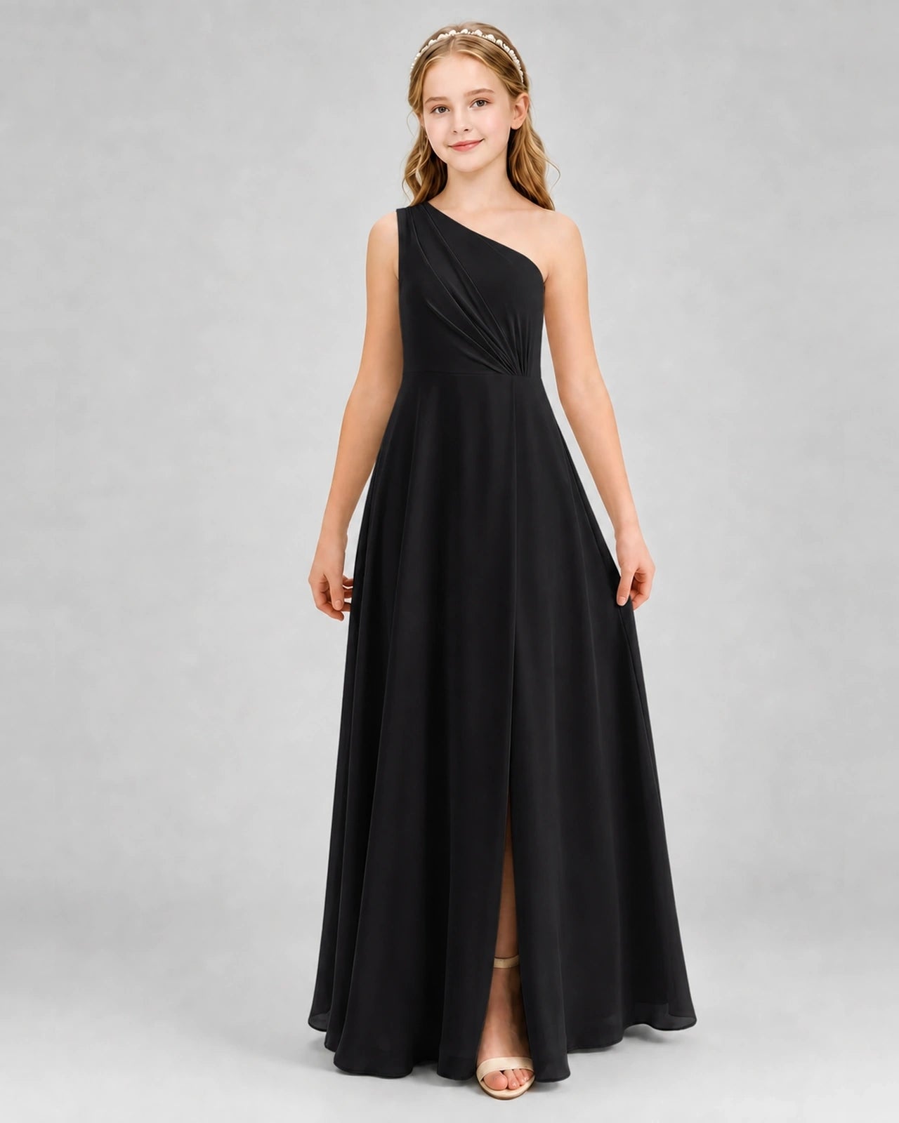 Dideyttawl One Shoulder Pleated Chiffon Junior Bridesmaid Dress with Slit and Back Bow
