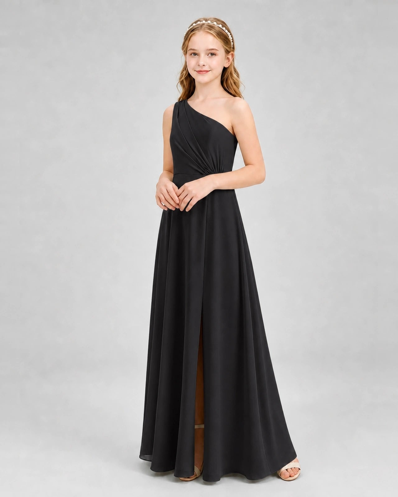 Dideyttawl One Shoulder Pleated Chiffon Junior Bridesmaid Dress with Slit and Back Bow