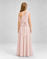 Blush Pink Chiffon One-Shoulder Junior Bridesmaid Dresses Back View