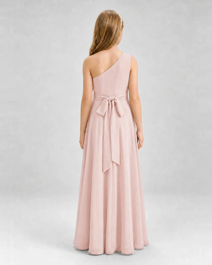 Dideyttawl One Shoulder Pleated Chiffon Junior Bridesmaid Dress with Slit and Back Bow
