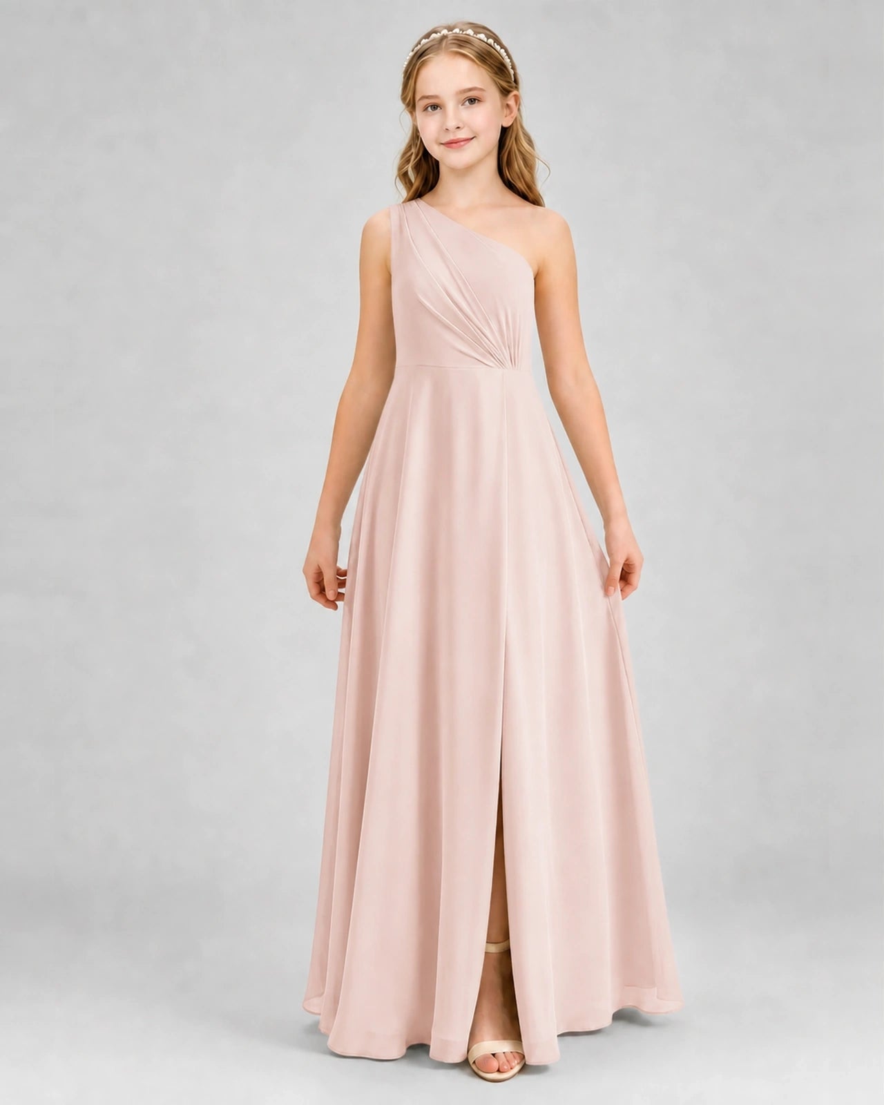 Dideyttawl One Shoulder Pleated Chiffon Junior Bridesmaid Dress with Slit and Back Bow