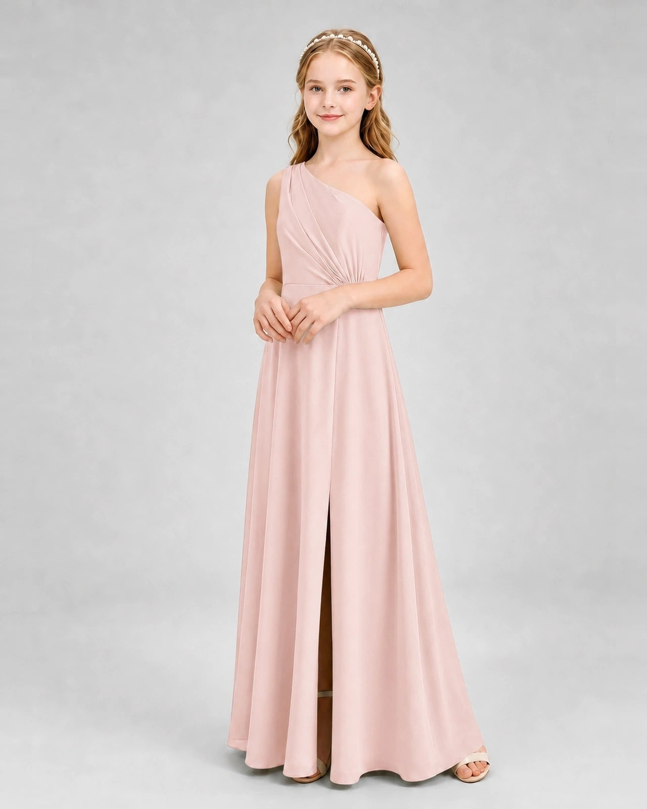Dideyttawl One Shoulder Pleated Chiffon Junior Bridesmaid Dress with Slit and Back Bow