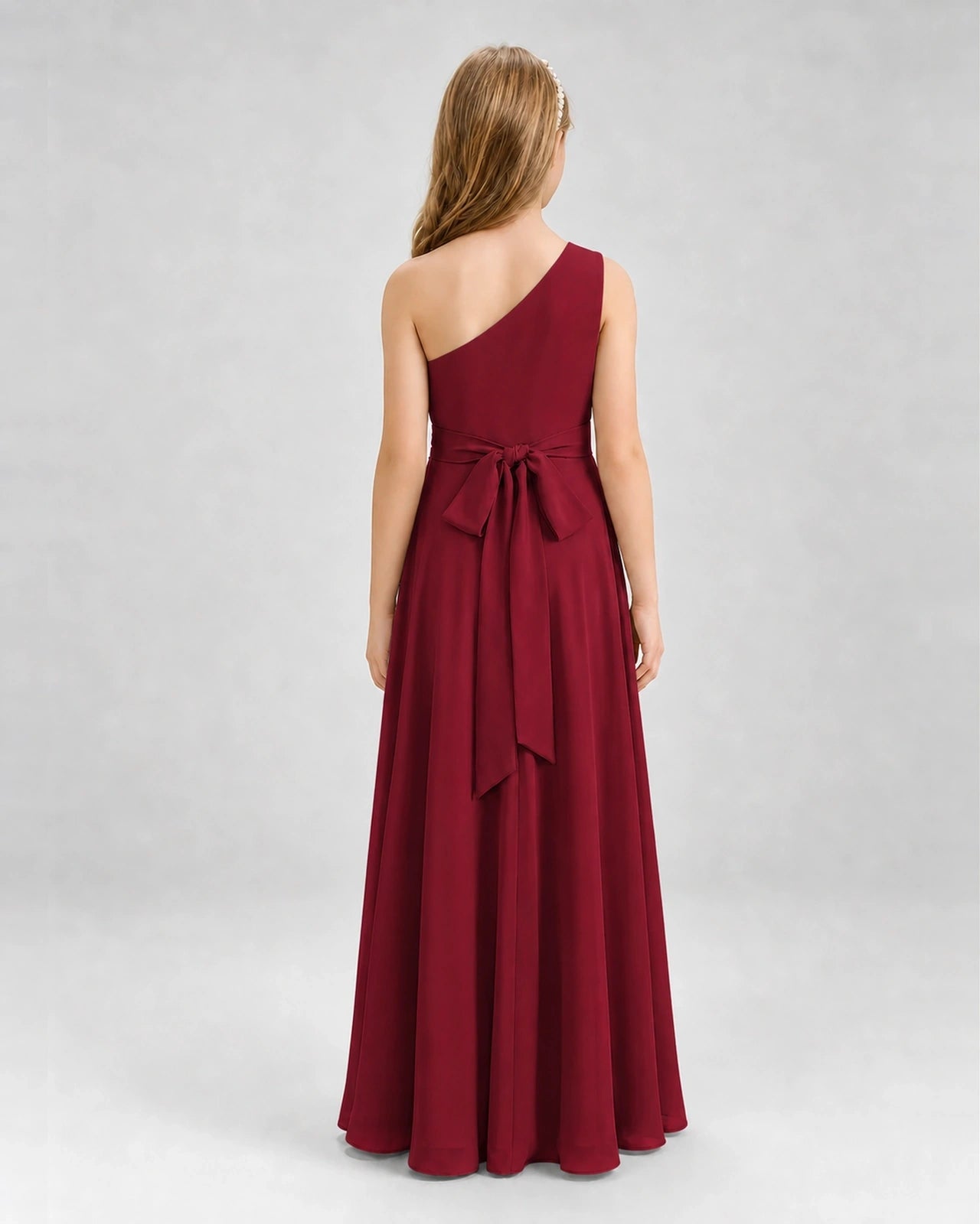 Dideyttawl One Shoulder Pleated Chiffon Junior Bridesmaid Dress with Slit and Back Bow