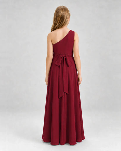 Dideyttawl One Shoulder Pleated Chiffon Junior Bridesmaid Dress with Slit and Back Bow
