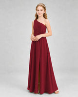 Burgundy Chiffon One-Shoulder Junior Bridesmaid Dresses Side View